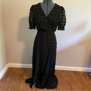 EUC Shein Black Swiss Dot Surplice Puff Sleeve Dress